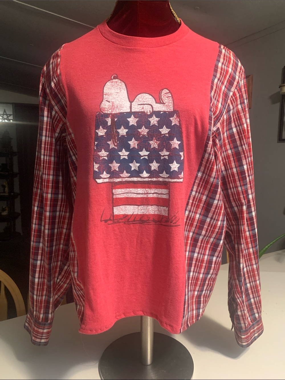 Upcycled Women’s Patriotic SnoopyTee with Matching Plaid Sleeves.